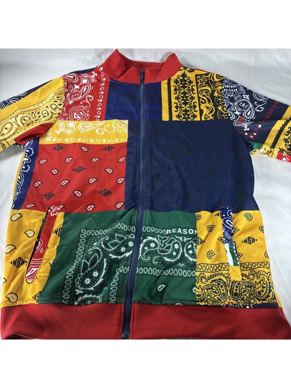 Reason Clothing Men XL Bandana Patchwork Zip Up Track Jacket Multicolor Paisley